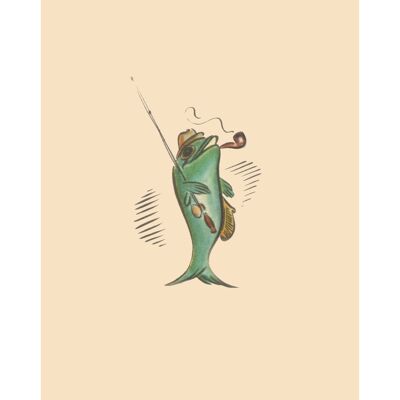 Fish, Fly-rod, Hat, Pipe and Creel - 21x21cm (approx. 8x8 inch) Archival Print (Unframed)
