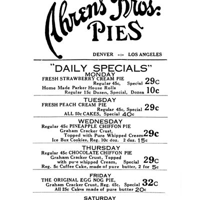 Ahrens Bros. Pies, Denver & Los Angeles 1930er Jahre - A2 (420 x 594 mm) Archivdruck (ungerahmt)