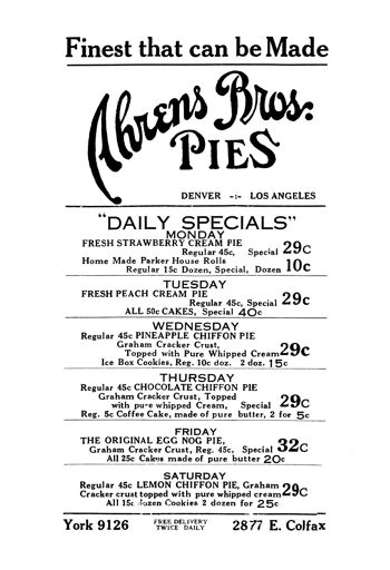 Ahrens Bros. Pies, Denver & Los Angeles des années 1930 - A2 (420x594mm) impression d'archives (sans cadre) 1