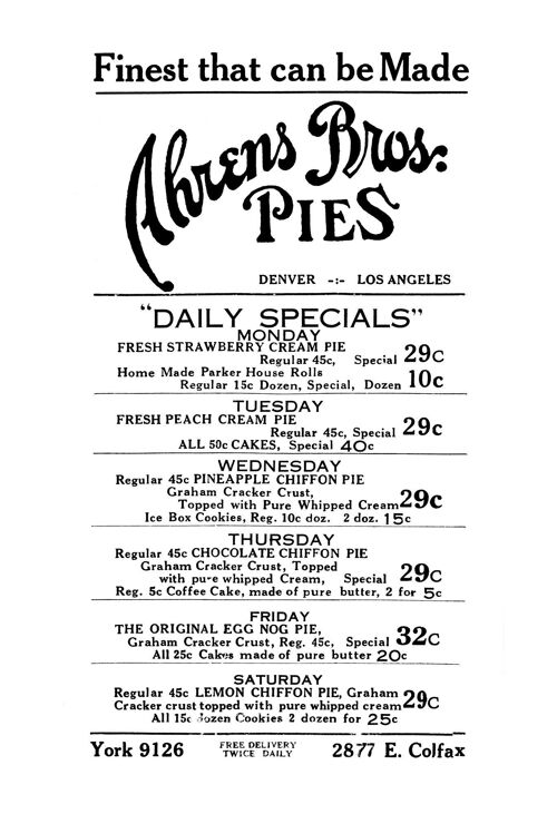 Ahrens Bros. Pies, Denver & Los Angeles 1930s - A1 (594x840mm) Archival Print (Unframed)
