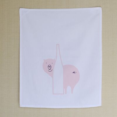 Pink Pig Behind Bottle La Vieille Porte Kitchen Towel, Montreal 1970s