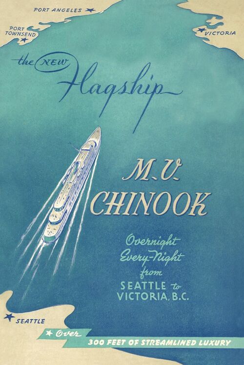 M V Chinook, Seattle - Victoria BC 1950s - A2 (420x594mm) Archival Print (Unframed)
