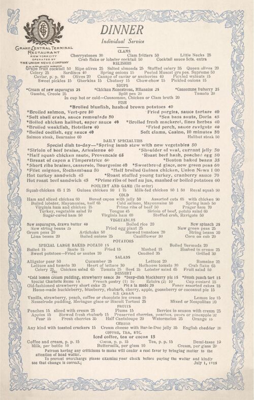 Grand Central Terminal Restaurant 1915 - A3 (297x420mm) Archival Print (Unframed)