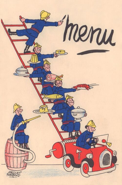 Pompiers Menu, France 1955 - 50x76cm (20x30 inch) Archival Print (Unframed)