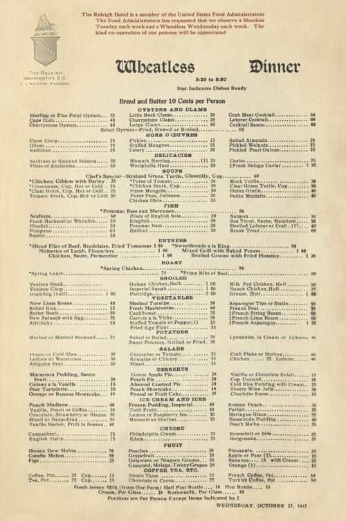 The Raleigh Hotel Wheatless Dinner, Washington D.C. 1917 - A4 (210x297mm) Archival Print (Unframed)