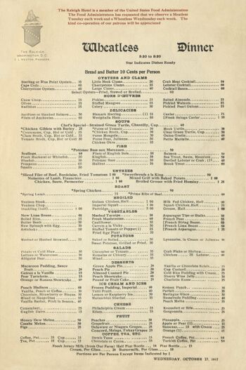 Le dîner sans blé de l'hôtel Raleigh, Washington D.C. 1917 - A4 (210x297mm) impression d'archives (sans cadre)