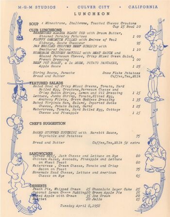 Menu MGM Studios, Culver City 1958 - A4 (210x297mm) impression d'archives (sans cadre) 3