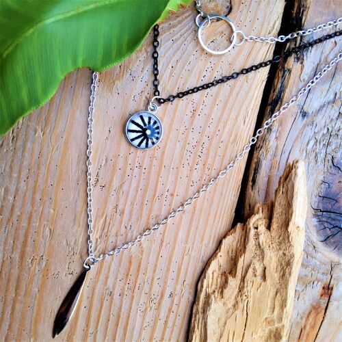 Collier Nathalie noir, triple rang, en tissu japonais Asanoha noir et blanc, métal argent