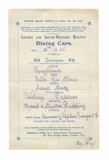 Menu de la voiture-restaurant du chemin de fer de Londres et du sud-ouest, 1906 - A3 (297x420mm) impression d'archives (sans cadre) 2