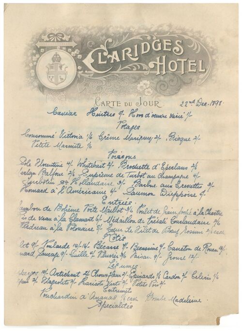 Claridge's, London, December 1898 - A3 (297x420mm) Archival Print (Unframed)