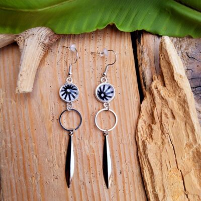 Nathalie black earrings, in black and white Japanese Asanoha fabric, silver metal
