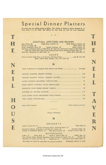 Eater's Digest The Neil House, Columbus, Ohio, 1945 Menu Print - 50 x 76 cm (20 x 30 pouces) Impression d'archives (Sans cadre) 2