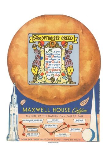 Mayflower Donuts, Optimist's Creed, Couverture arrière, Expositions universelles, 1939 - A2 (420x594mm) Impression d'archives (Sans cadre) 1