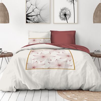 Housse de Couette 3 Pièces - Percale de Coton 80 Fils - 2 Personnes 240x260 cm - LE TRAIT Rose Blanc Jaune Doré