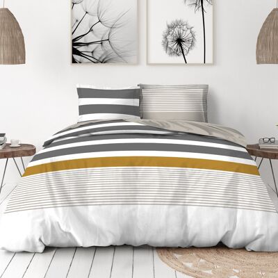 Copripiumino 3 Pezzi - 80 Fili Cotone Percalle - 2 Persone 240x260 cm - LE BANDEAU Grigio Bianco Giallo senape