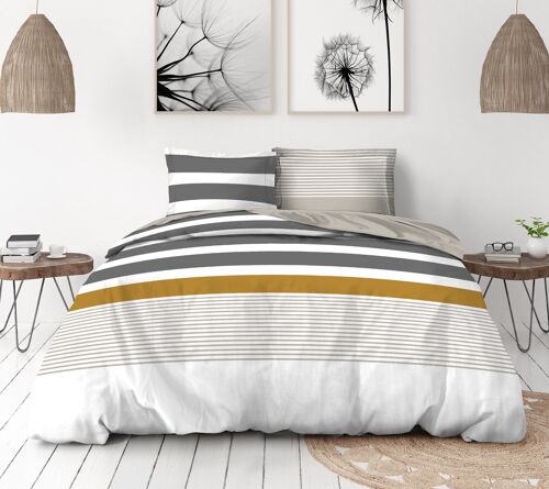 Housse de Couette 3 Pièces - Percale de Coton 80 Fils - 2 Personnes 220x240 cm - LE BANDEAU Gris Blanc Jaune Moutarde