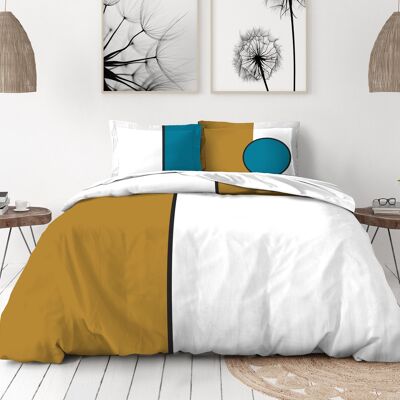 3 Piece Duvet Cover - 100% Cotton 57 Threads - 2 Persons 240x260 cm - LE POP ART Mustard Yellow Blue White