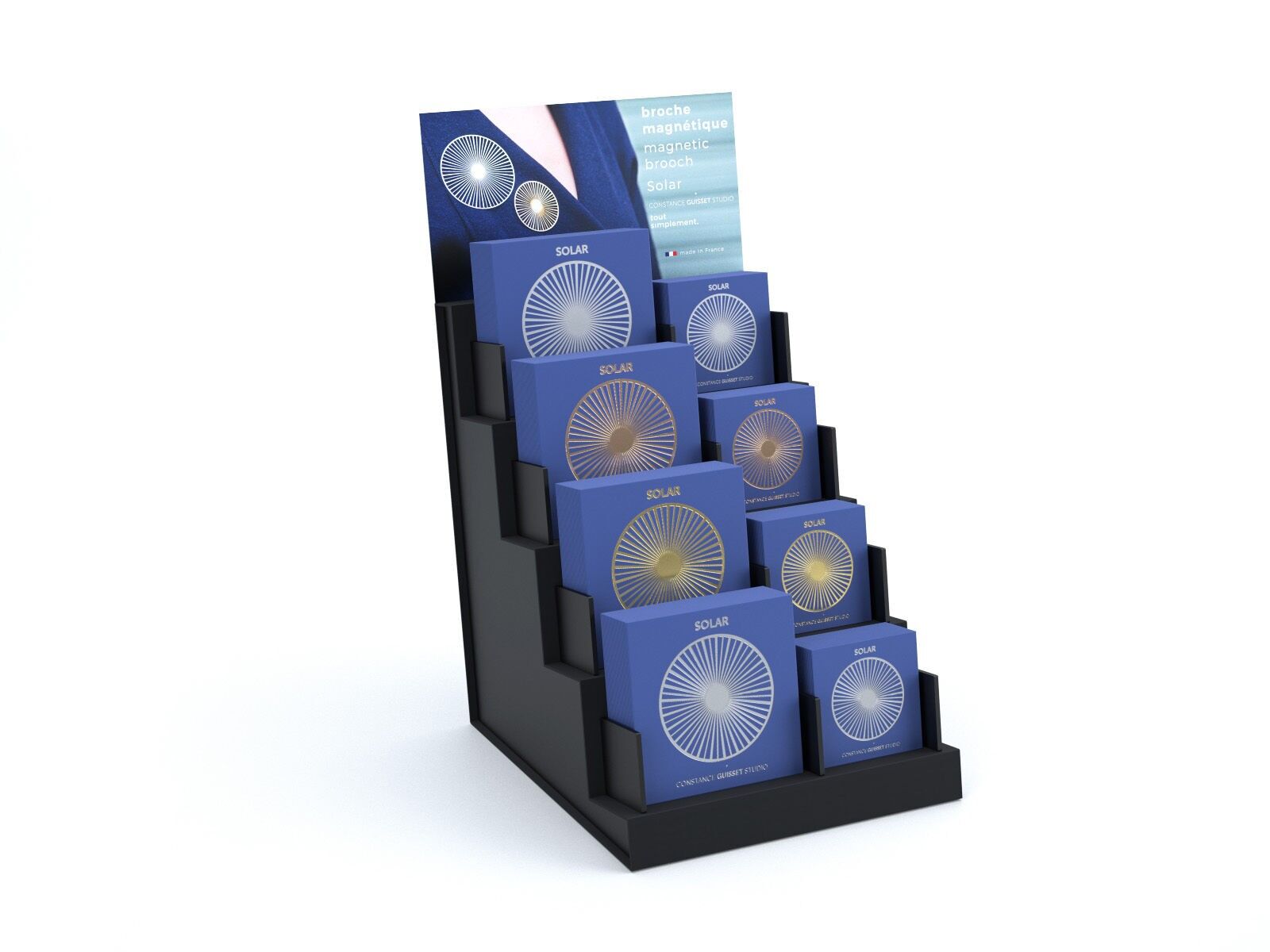 Espositore completo di 40 spille magnetiche "Solar" + espositore omaggio - Design Constance Guisset