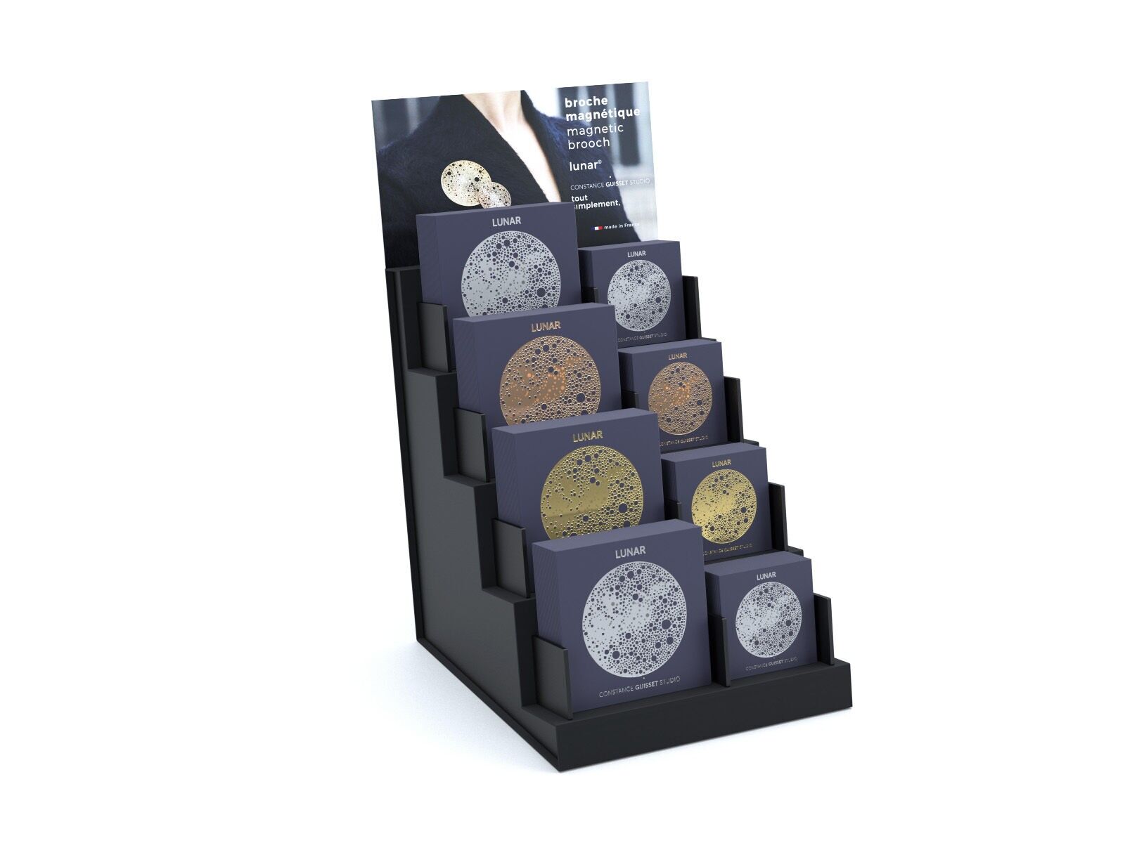 Espositore completo di 40 spille magnetiche "Lunar" + espositore omaggio - Design Constance Guisset