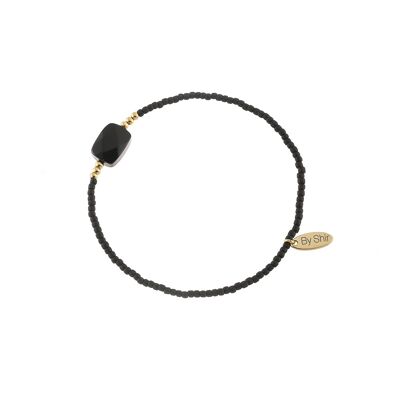 Bracelet beads shiny black with square glass bead (gold)