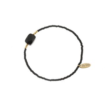 Bracelet perles noir brillant avec perle carrée en verre (doré) 1