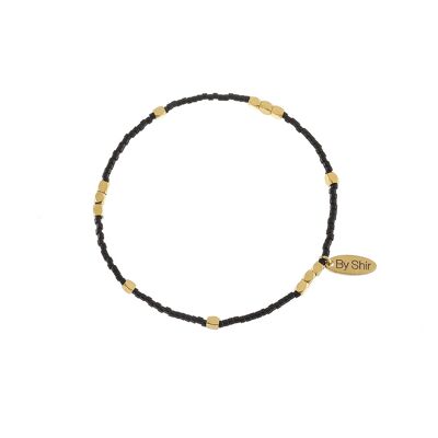 Bracelet perles noir brillant avec perles en acier inoxydable plaqué or