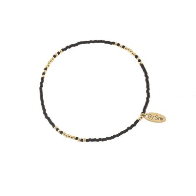 Bracelet perles noir mat avec fines perles en acier inoxydable plaqué or