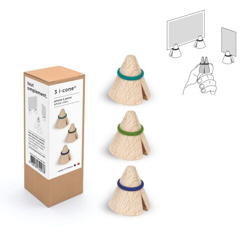 boite de 3 pinces photo en bois - bleu canard/vert/bleu roy