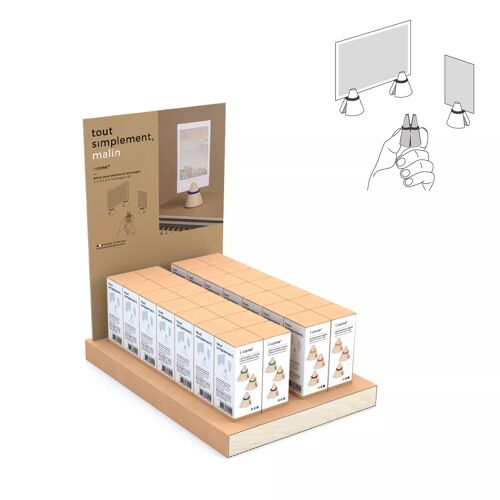 Présentoir plein de 40 boîtes de 3 pinces photos en bois - couleur + présentoir offert