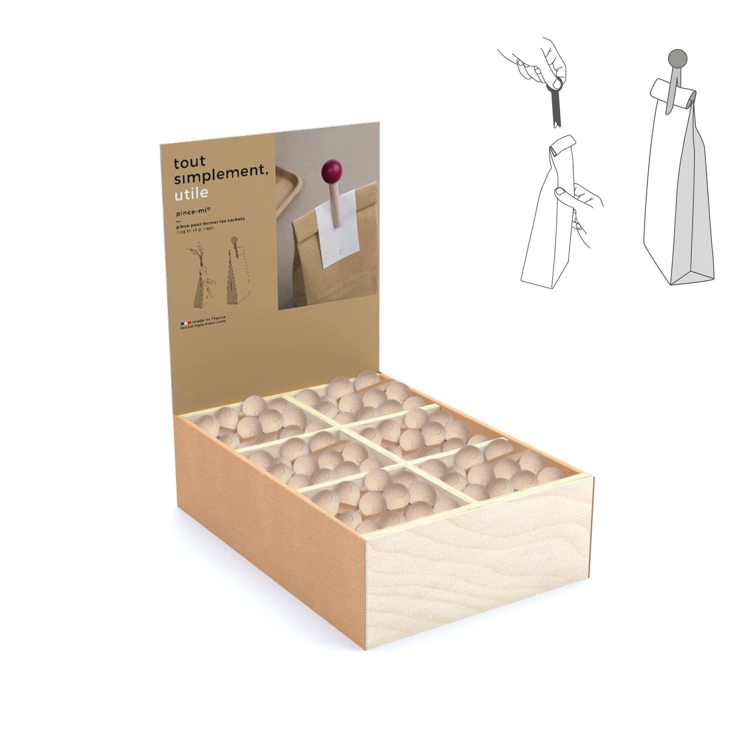 Präsentationsständer gefüllt mit 180 hölzernen „Pince-mi“-Taschenclips – Naturholz + kostenloser Präsentationsständer