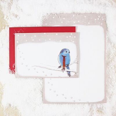 Tarjeta de felicitación pájaro en la nieve (sobre rojo)