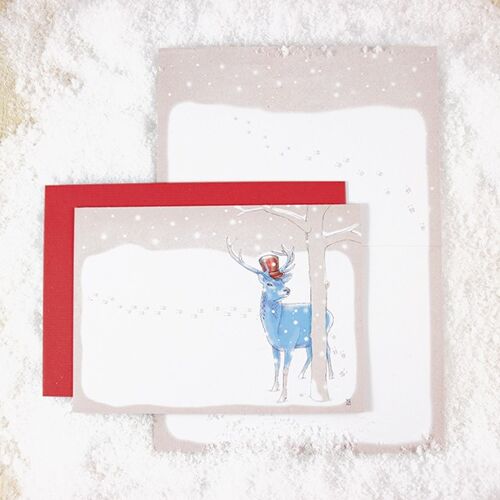 Grußkarte Hirsch im Schnee (roter Umschlag)