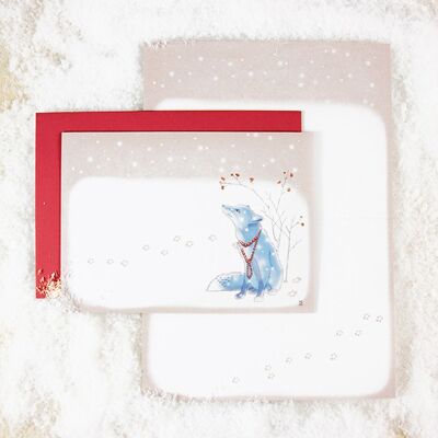 Tarjeta de felicitación zorro en la nieve (sobre rojo)