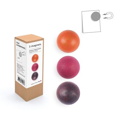 Box of 3 small wooden magnetic balls - orange/pink/burgundy