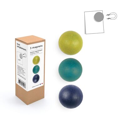 Schachtel mit 3 kleinen magnetischen Holzkugeln – Grün/Entenblau/Mitternachtsblau