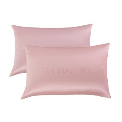 Limited Edition "I Am Beautiful" Rose Quartz Pink Silk Pillowcase - Set of 2 - "I AM BEAUTIFUL" Rose Quartz Pink