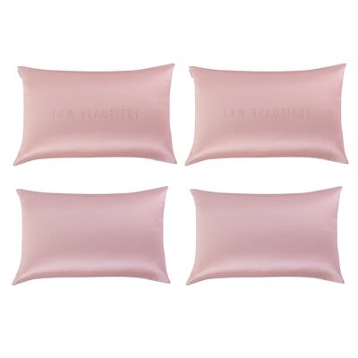 Limited Edition "I Am Beautiful" Rose Quartz Pink Silk Pillowcase - Set of 4 - "I AM BEAUTIFUL" Rose Quartz Pink