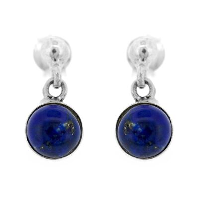 Petites boucles d'oreilles pendantes rondes en lapis-lazuli et boîte de présentation