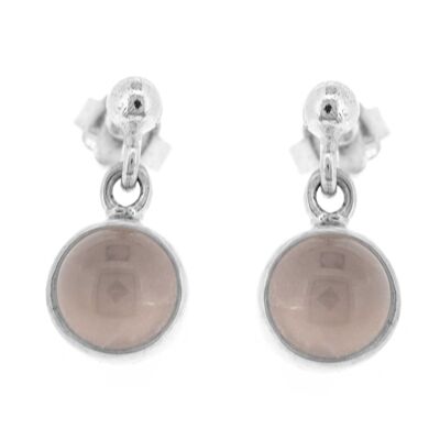 Petites boucles d'oreilles pendantes rondes en quartz rose et boîte de présentation