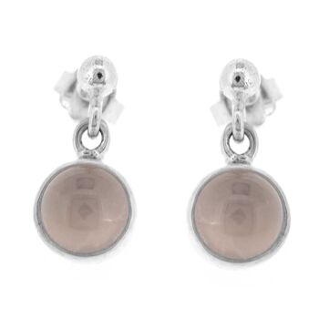 Petites boucles d'oreilles pendantes rondes en quartz rose et boîte de présentation 1