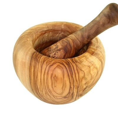 Round ground mortar including pestle made of olive wood Ø 14 cm