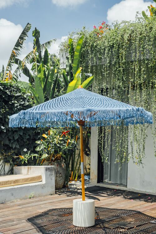 Handknotted parasol 250 cm with fringe blue