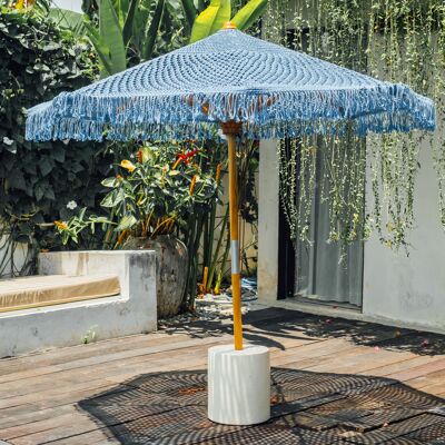 Handknotted parasol 250 cm with fringe blue