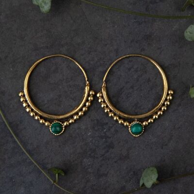 Dainty Brass Gemstone Hoops - Turquoise