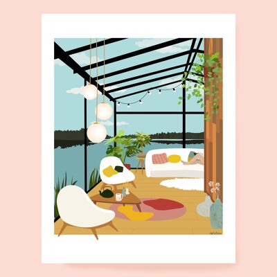 Lake House poster vintage house lake glass roof A4 format