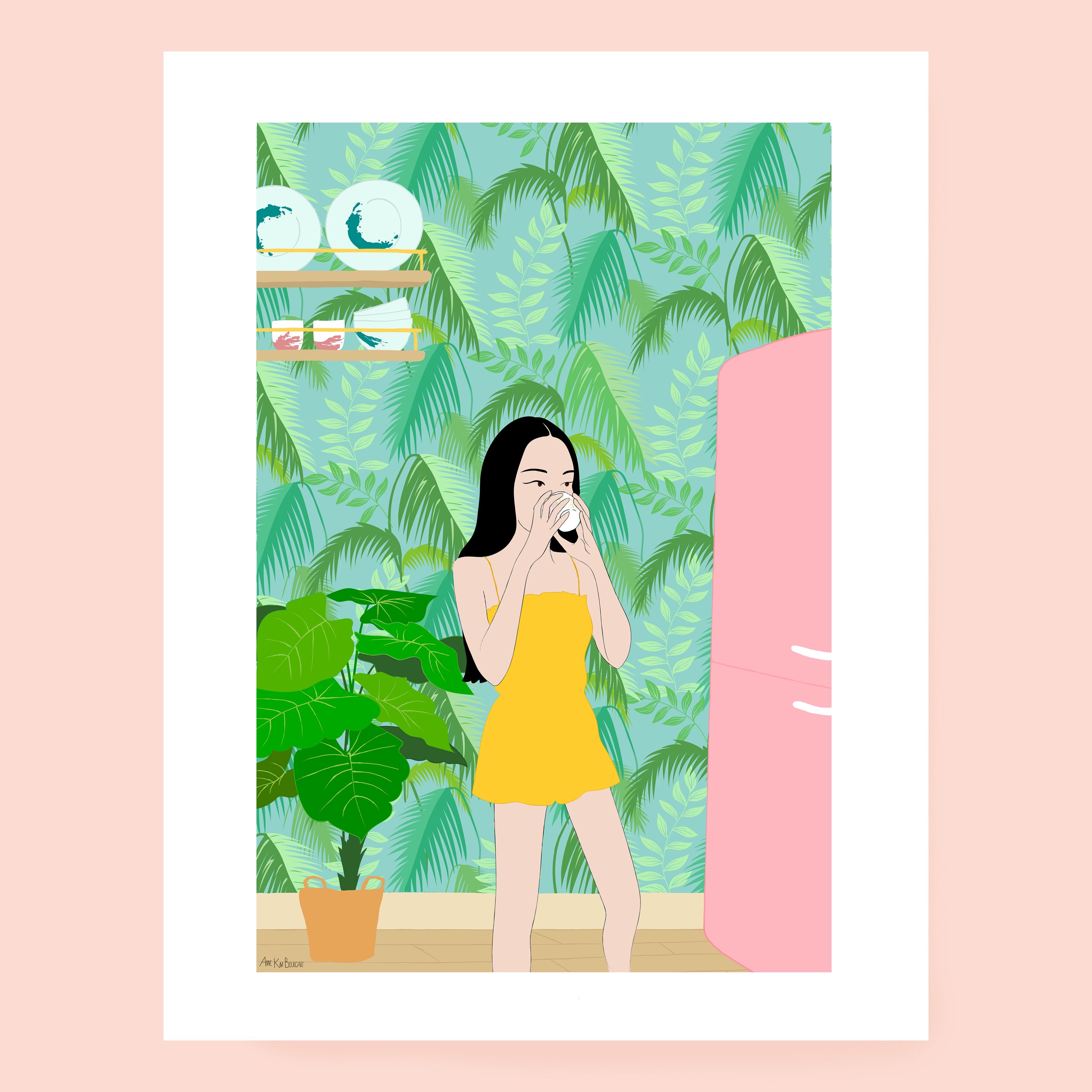 Morgenkaffee Poster Mädchen trinkt eine Tasse Kaffee in der Küche im A4-Format