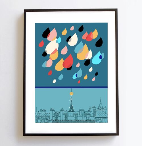 Affiche Pluie Parisienne Tour Eiffel toits parisiens Bleu A3