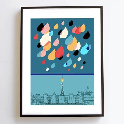 Póster Lluvia parisina Torre Eiffel Tejados parisinos Azul A3