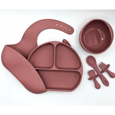 Complete Weaning Kit- Bib, Suction plate & Bowl, Silicone spoon & Mini Fork and Spoon Set - Dusty pink