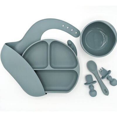 Complete Weaning Kit- Bib, Suction plate & Bowl, Silicone spoon & Mini Fork and Spoon Set - Blue Ether